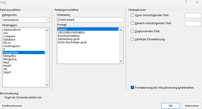 Dialogfeld in Microsoft Word zum Einfügen eines Platzhalters im Dokument