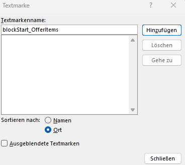 Dialogfeld in Microsoft Word zum Hinzufügen von Textmarken