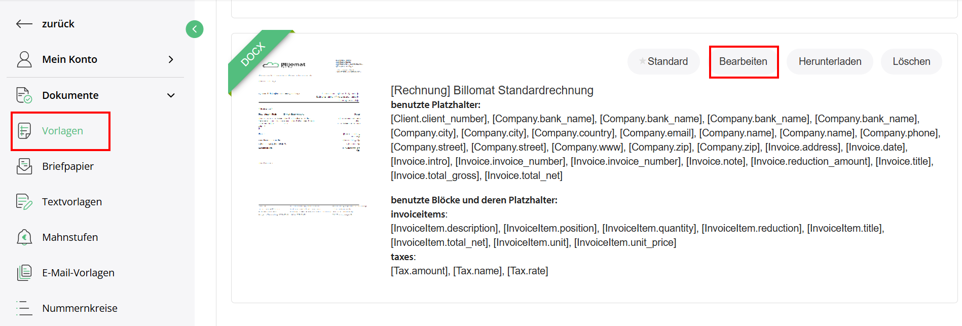 Dokumentenverwaltung in Billomat mit der Möglichkeit zum Bearbeiten von Vorlagen