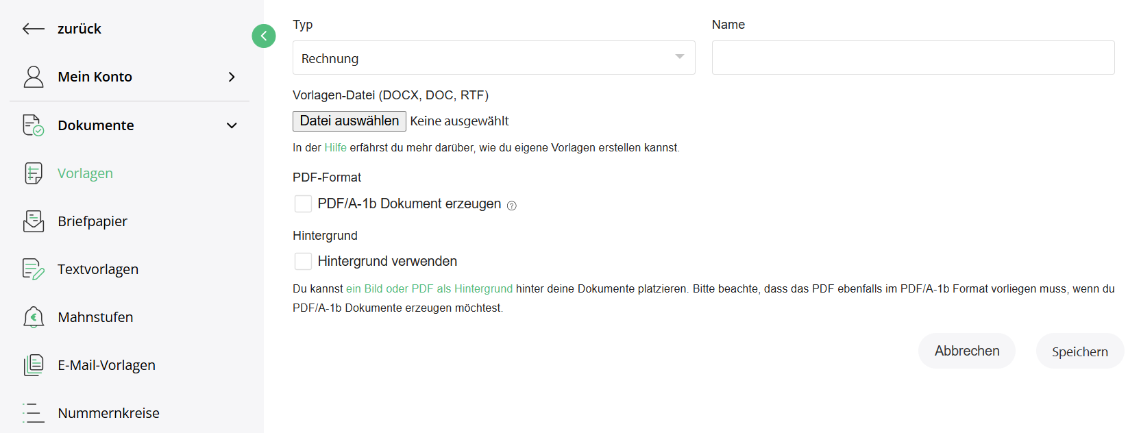 Der Uploadbereich für Vorlagen in Billomat