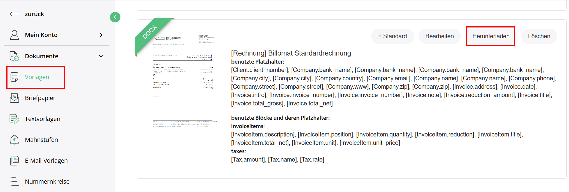 Dokumentenverwaltung in Billomat mit der Möglichkeit zum Herunterladen von Vorlagen