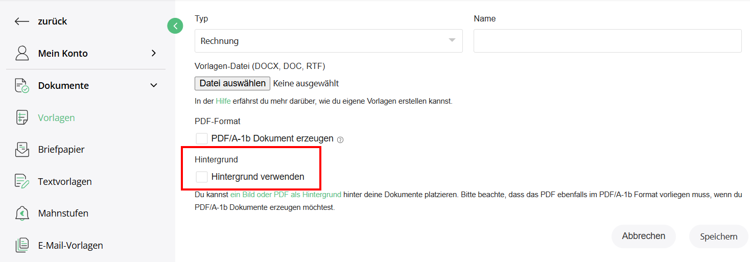 Seitenlayout mit Hintergrundbild für eine Vorlage in Billomat einrichten 
