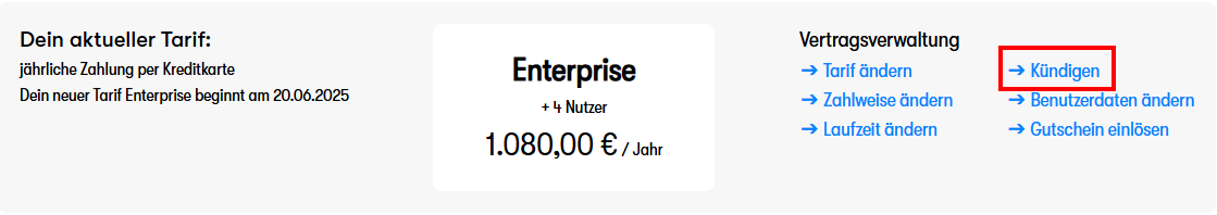 Vertragsverwaltung in BIllomat mit der Möglichkeit, den Tarif zu ändern, zu kündigen etc. 