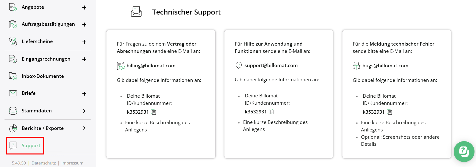 Kontaktmöglichkeiten im Support-Bereich von Billomat 
