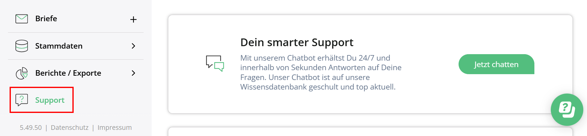 Chatmöglichkeit im Support-Bereich von Billomat 