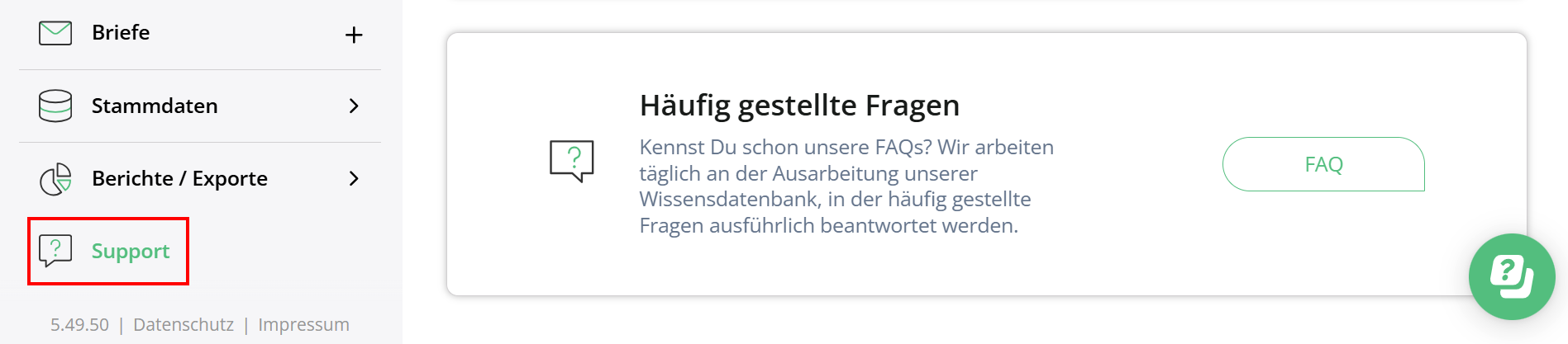 FAQ-Zugang im Support-Bereich von Billomat 