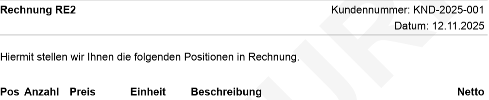 Beispiel eines Rechnungskopfes mit der Nummer RE2 im Dokumententitel, Kundennummer und Datum