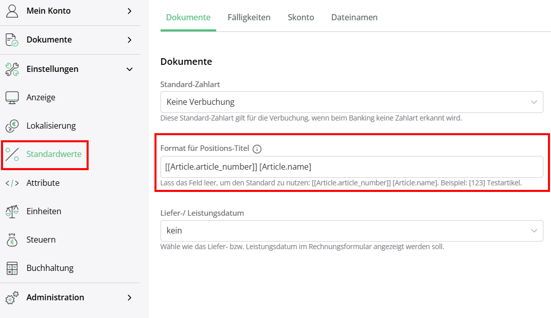 Das Feld des Formats für Positionstitel in den Einstellungen der Billomat Standardwerte 