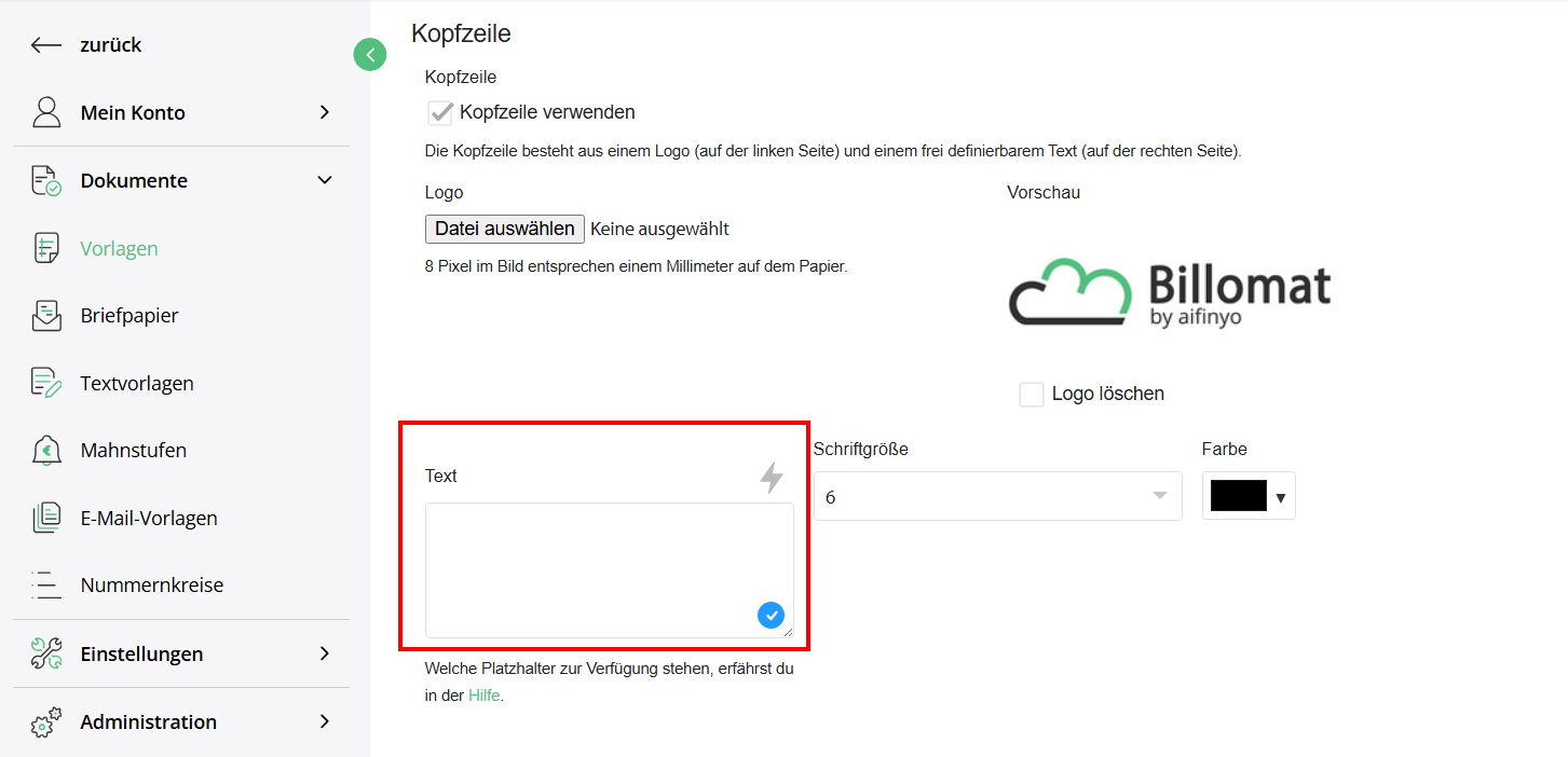 Bearbeitungsansicht der Vorlagen-Kopfzeile in Billomat mit hochgeladenem Logo und leerem Textfeld