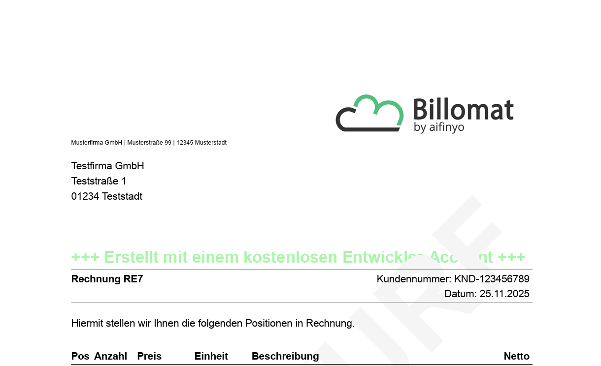 Rechnungsvorschau in Billomat mit rechtsbündigem Firmenlogo in der Kopfzeile