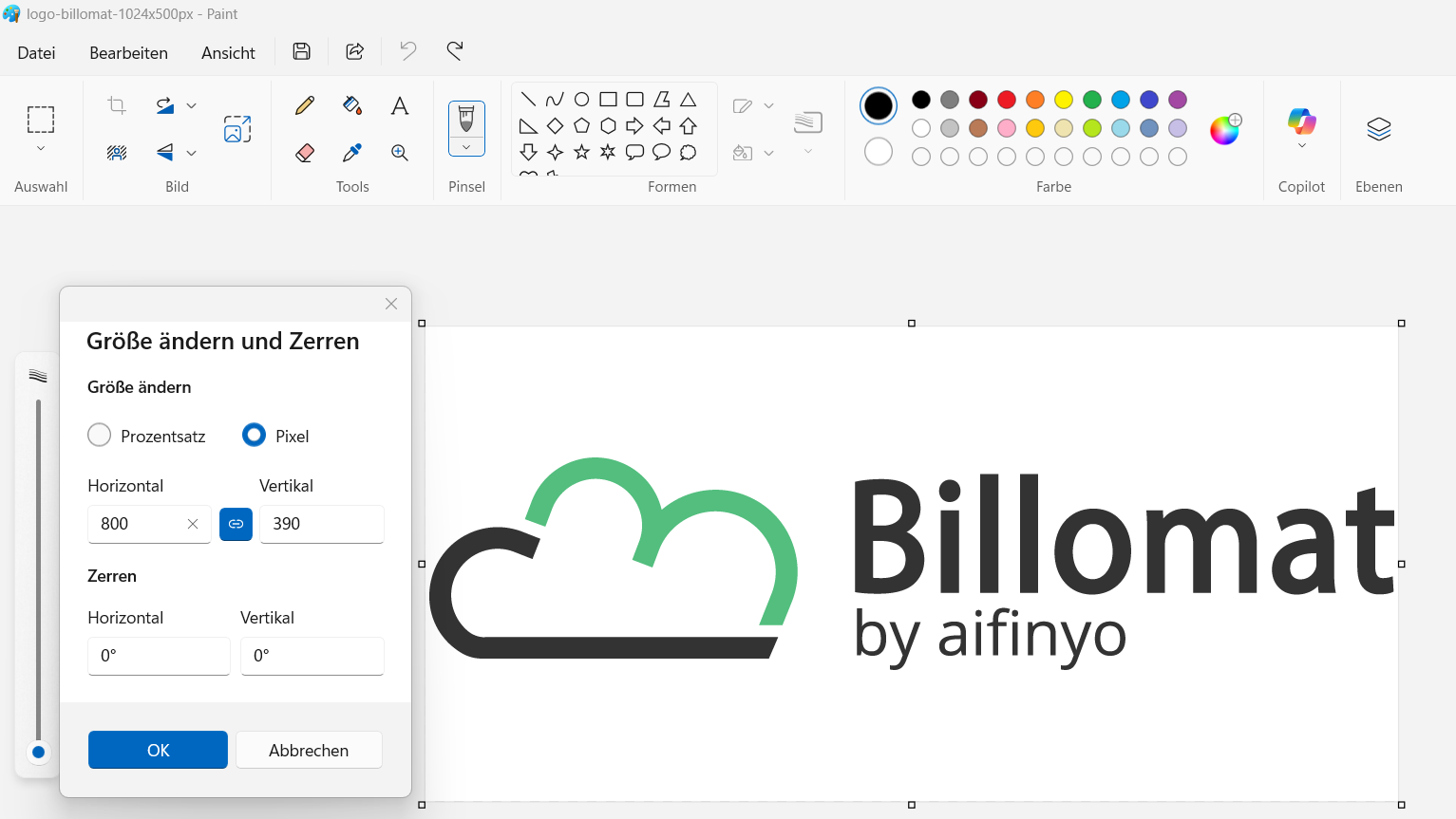 Dialog zum Ändern der Größe eines Logos in Paint mit aktivierter Pixel-Einstellung