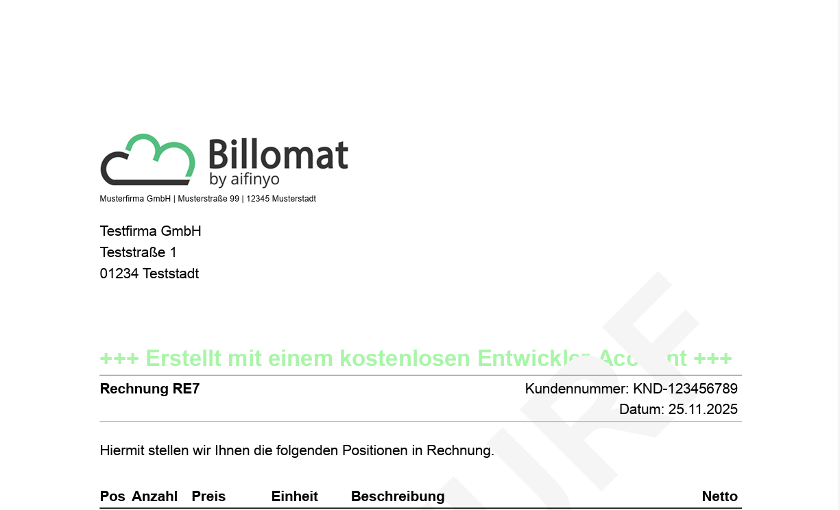 Rechnungsvorschau in Billomat mit linksbündigem Firmenlogo in der Kopfzeile
