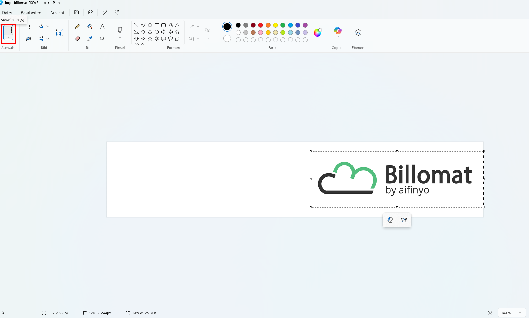 Bearbeitungsansicht der Vorlagen-Kopfzeile in Billomat mit hochgeladenem Logo und leerem Textfeld